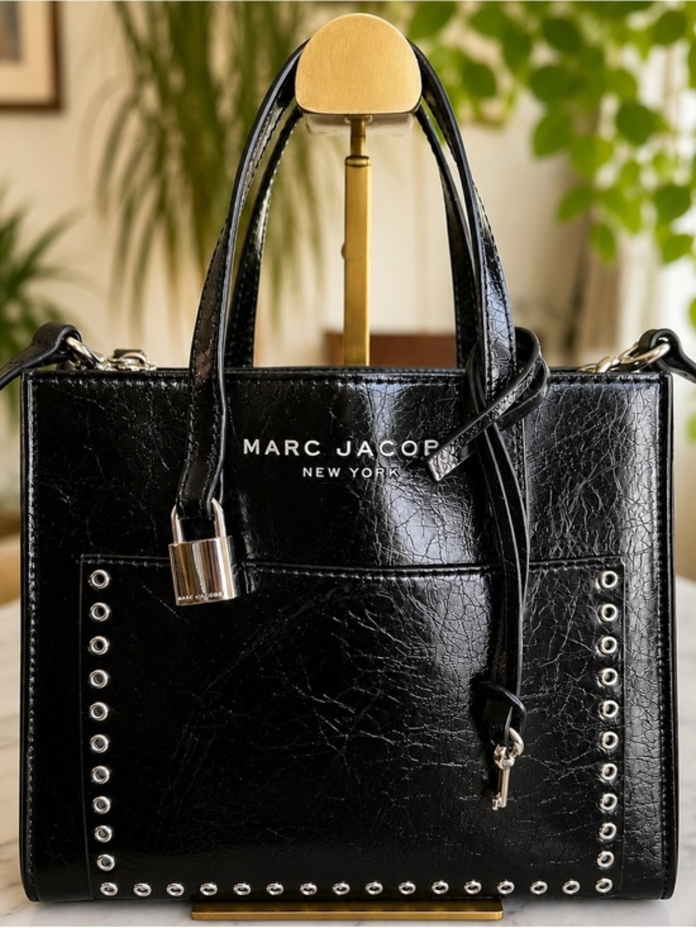 Marc Jacobs Shiny Crinkle Leather Mini Tote Crossbody Padlock Black NWOT
